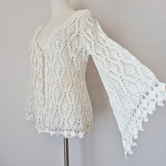 EXPRESS Handknit Crochet Ramie Cotton Boho Cardigan Cover-Up Long Sleeve White - Picture 1 of 11